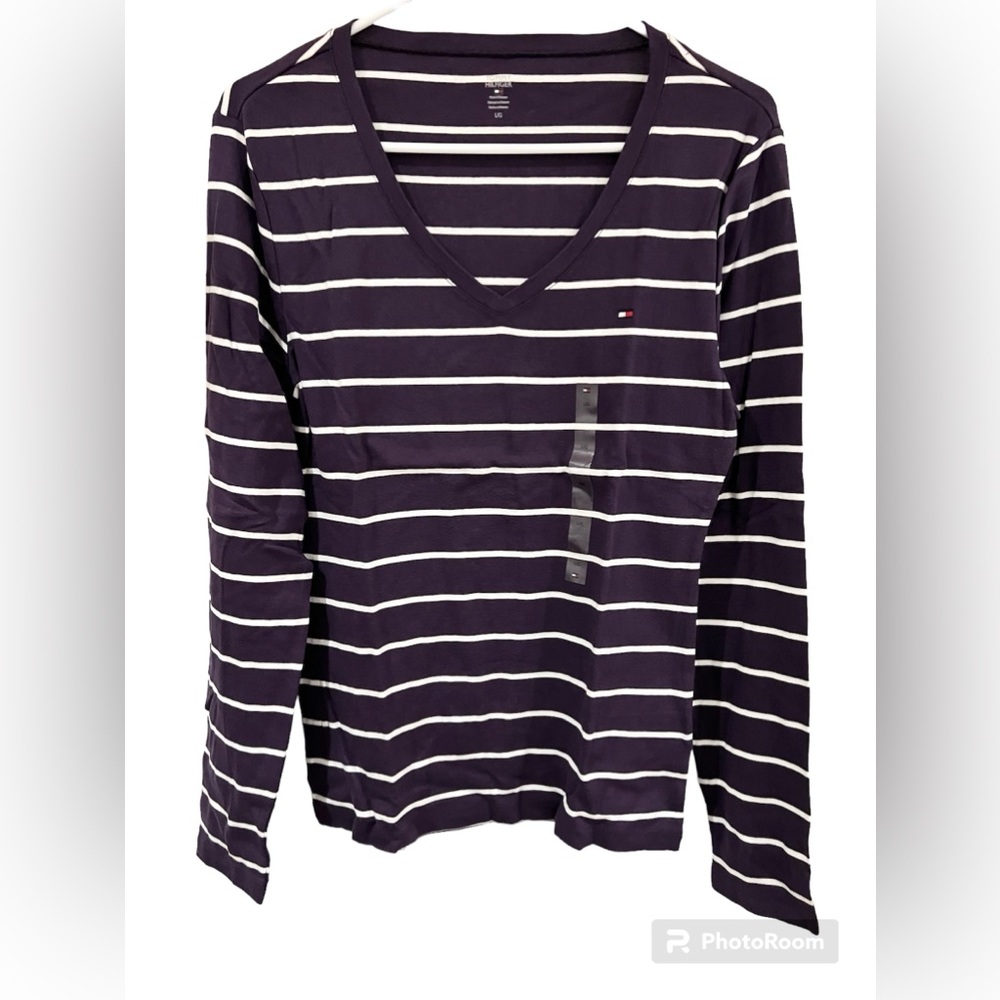 TOMMY HILFIGER Women Purple White Stripe Long Sleeve V Neck T Shirt